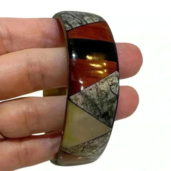 Vintage Inlay Bangle Bracelet Mother of Pearl - Picture 7 of 8